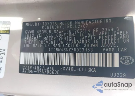 2007 Toyota Camry Xle V6 из США, поврежденный, VIN 4T1BK46KX7U033153